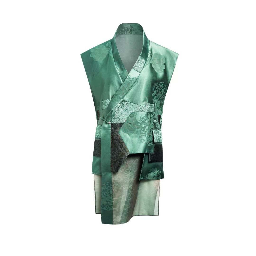 Luxury Asymmetric Silk Wrap Slate Teal Vest - 26Z00701