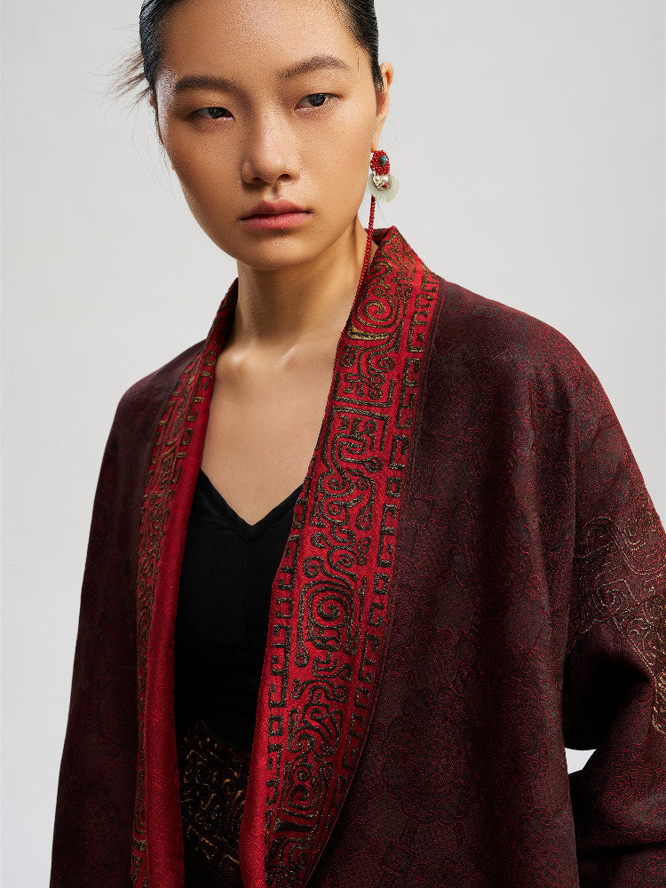 Luxury Silk Embroidered Kimono - Draped Gold Silk Wrap-25ZW35F