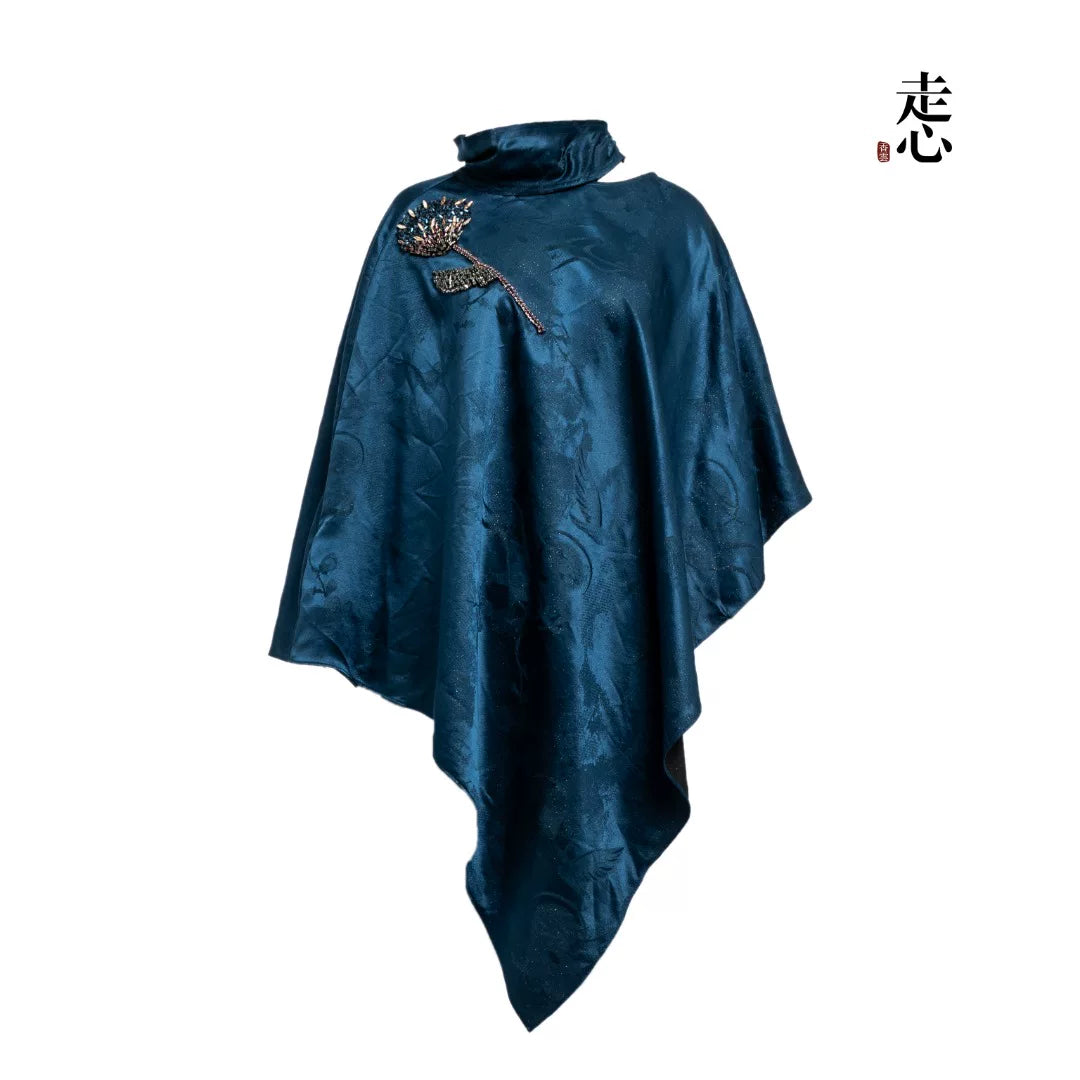 Luxury Beaded Silver Jacquard Silk Cape- 26Z2H216659