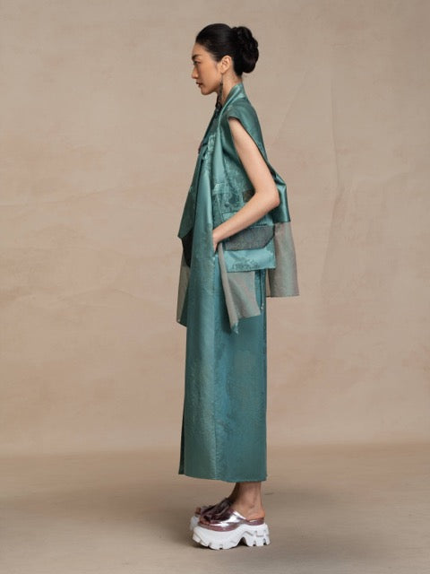 Luxury Asymmetric Silk Wrap Slate Teal Vest - 26Z00701