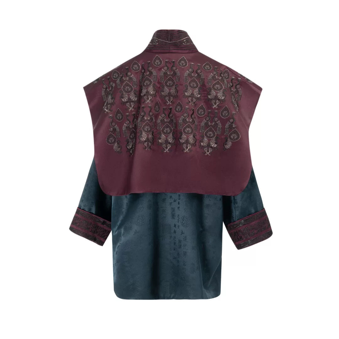 Luxury Blue Calligraphy Silk Kasaya Robe-26Y23801