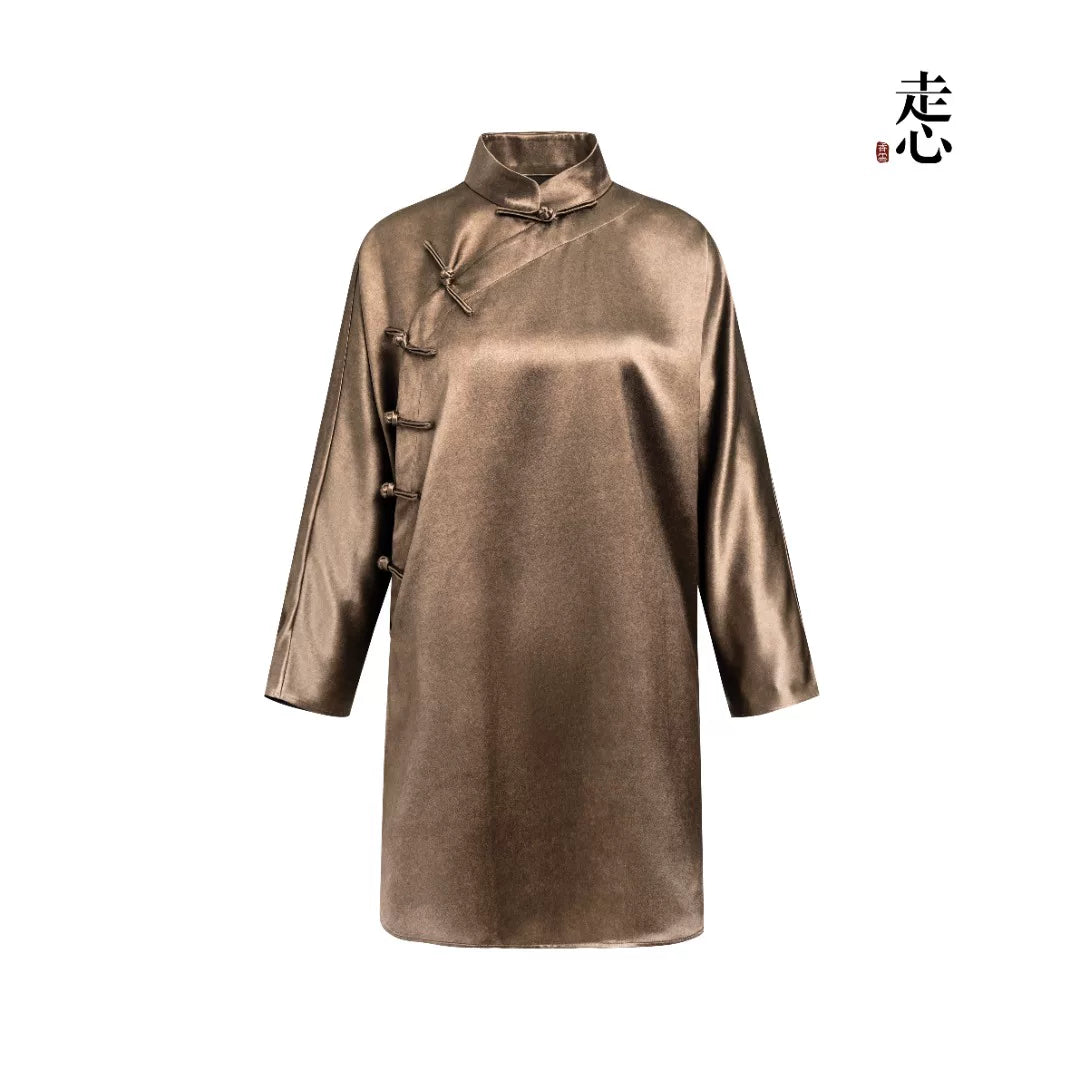 Luxury Gold Silk Mandarin Cardigan Coat-25Z26216889