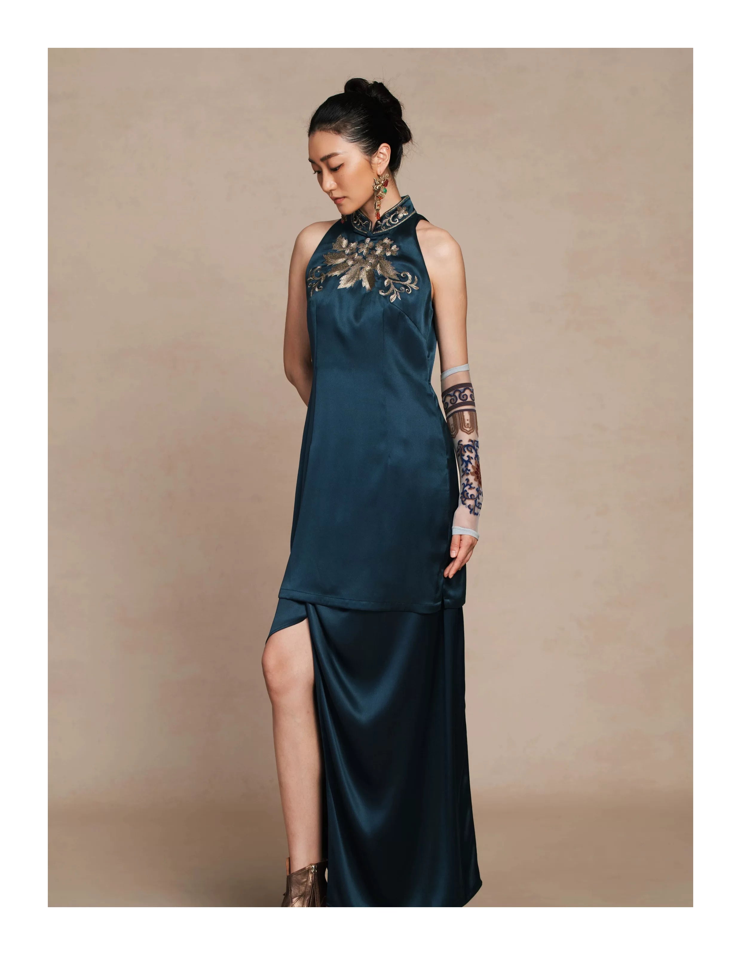 Luxury Navy Silk Phoenix Halter Maxi Dress-26ZLY6713