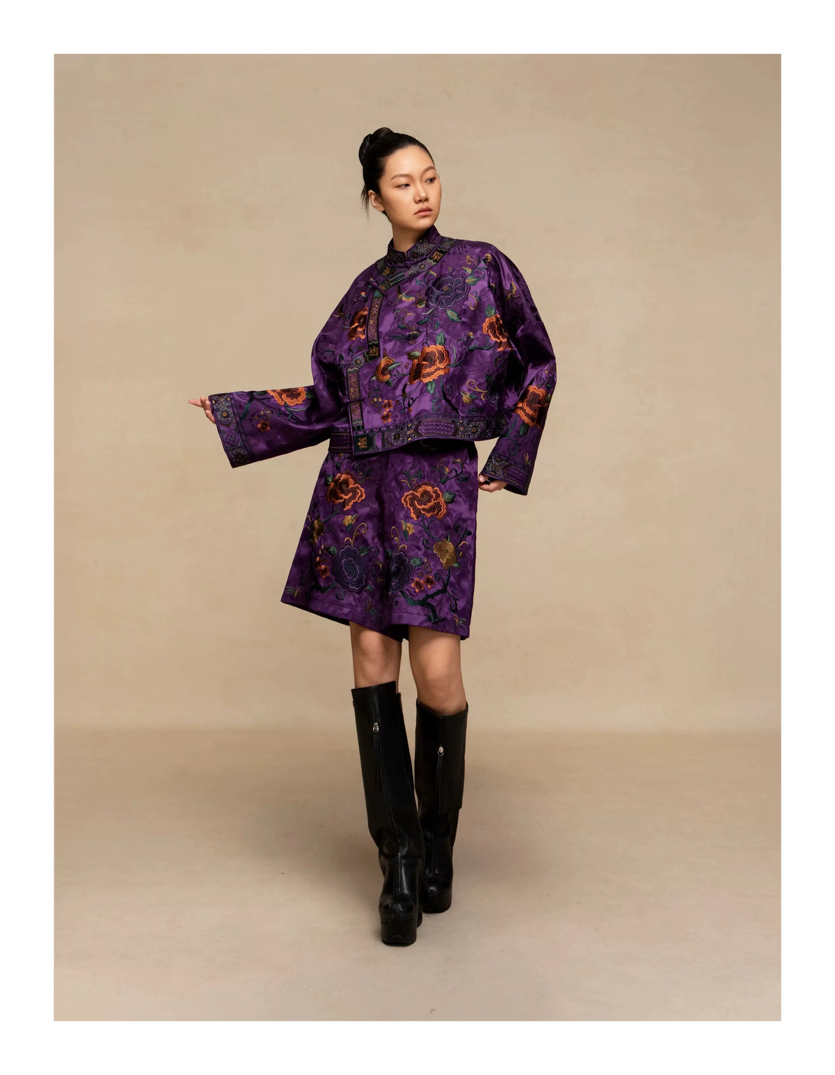 Luxury Imperial Violet Silk Brocade Shorts-25ZKZ6121