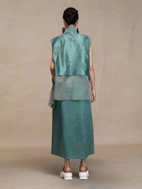 Luxury Asymmetric Silk Wrap Slate Teal Vest - 26Z00701
