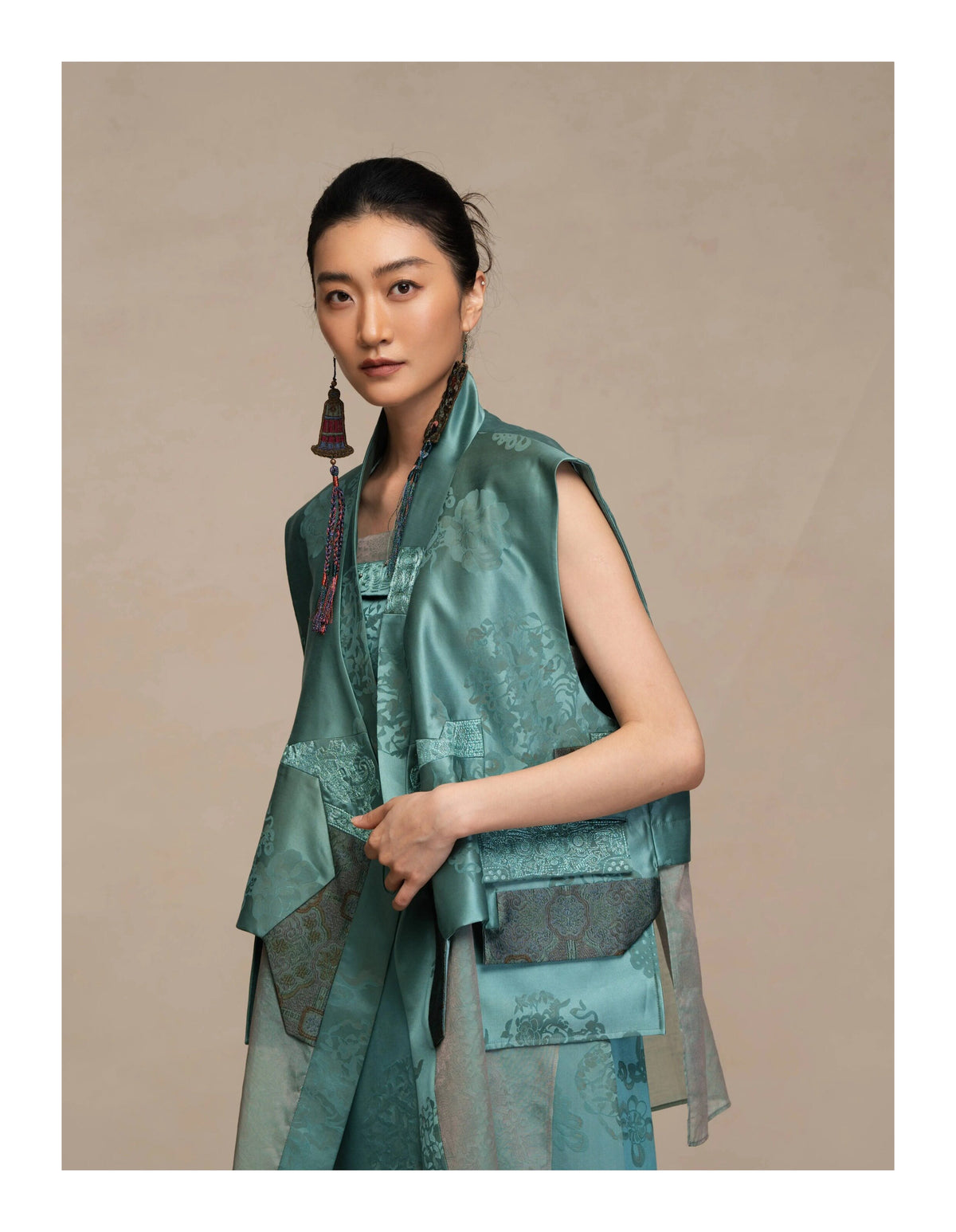 Luxury Asymmetric Silk Wrap Slate Teal Vest - 26Z00701