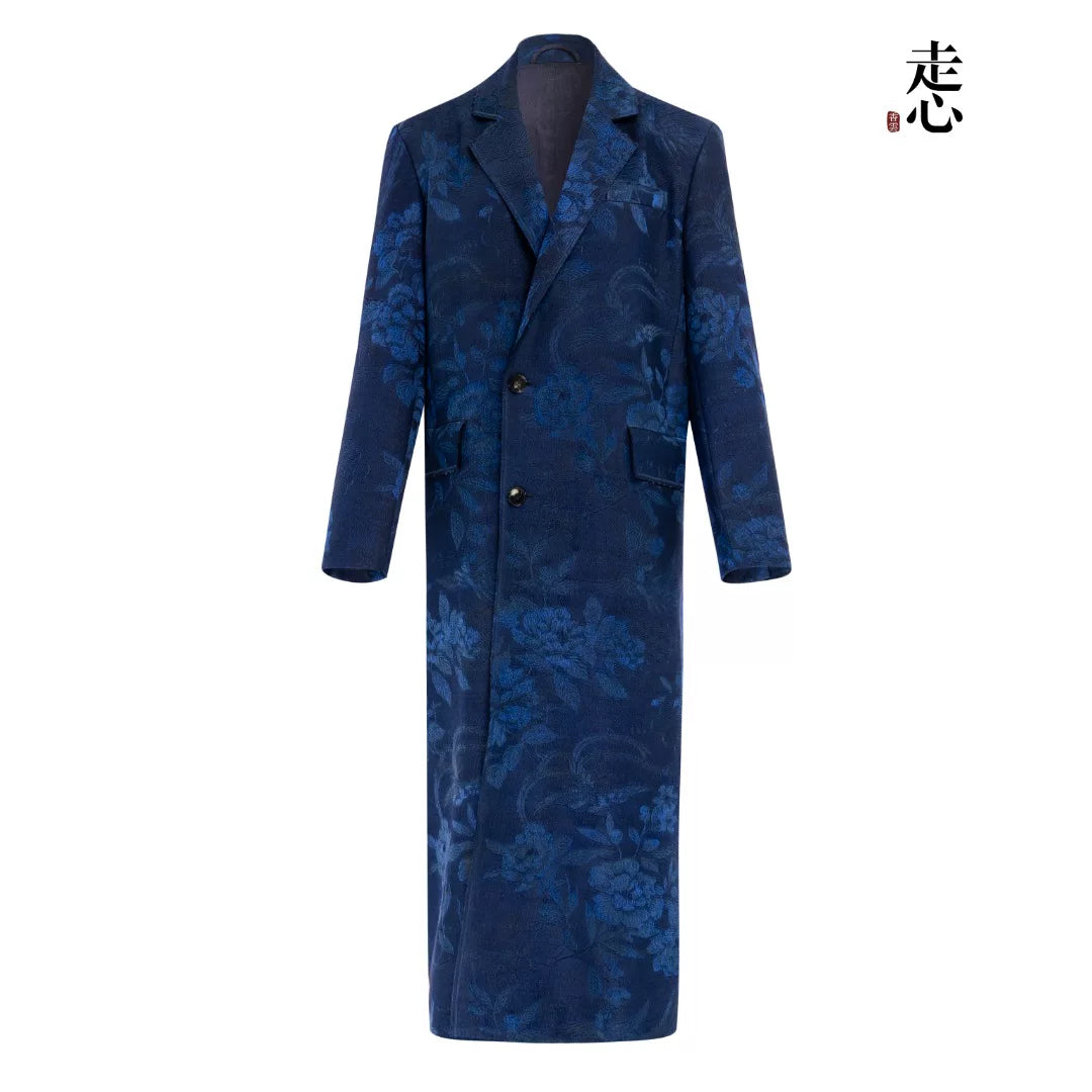 Luxury Blue Silk-Wool Trench Maxi Overcoat-26Z26418939