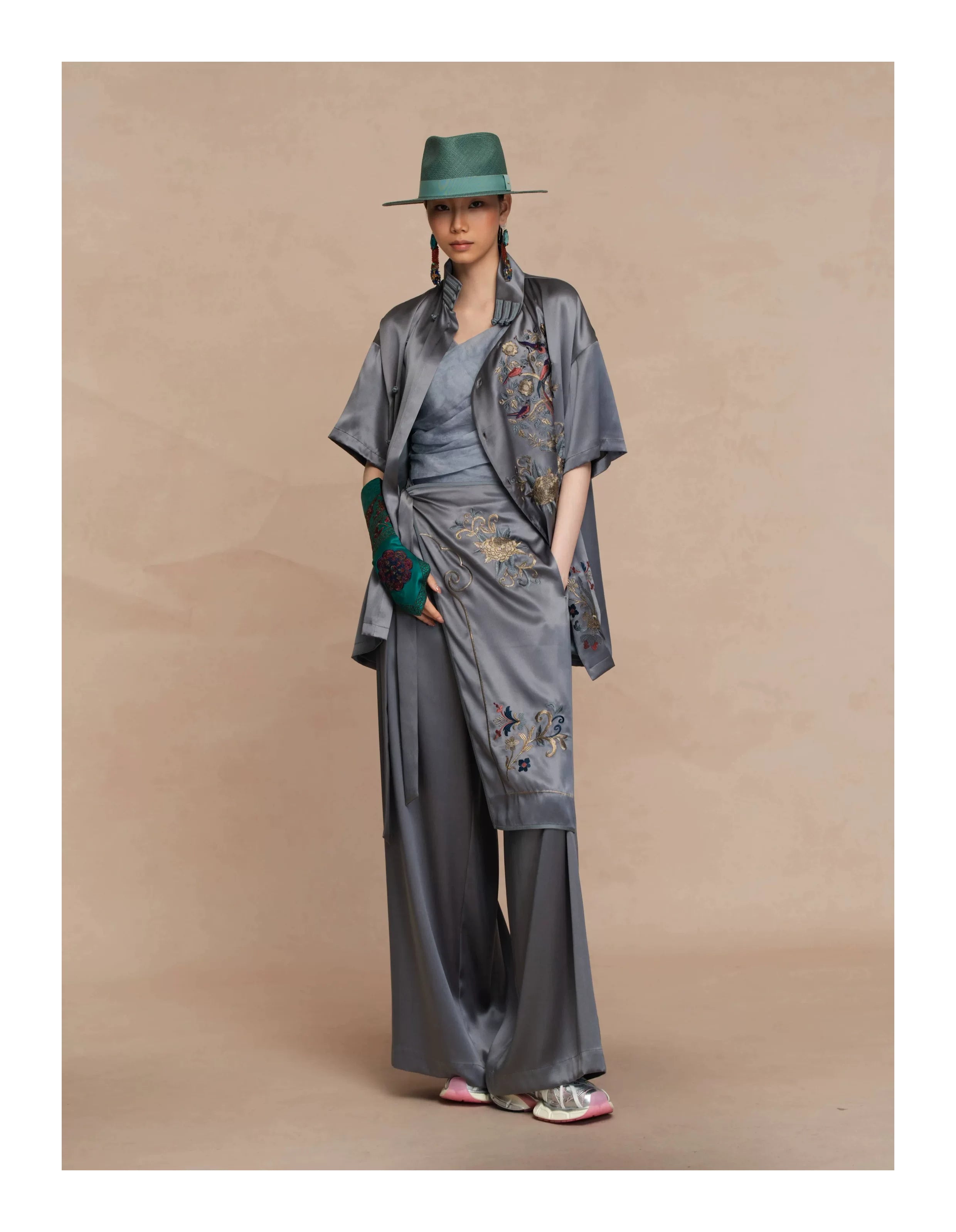 Luxury Celadon Silk Peony Layered Pants-26ZKZ6551
