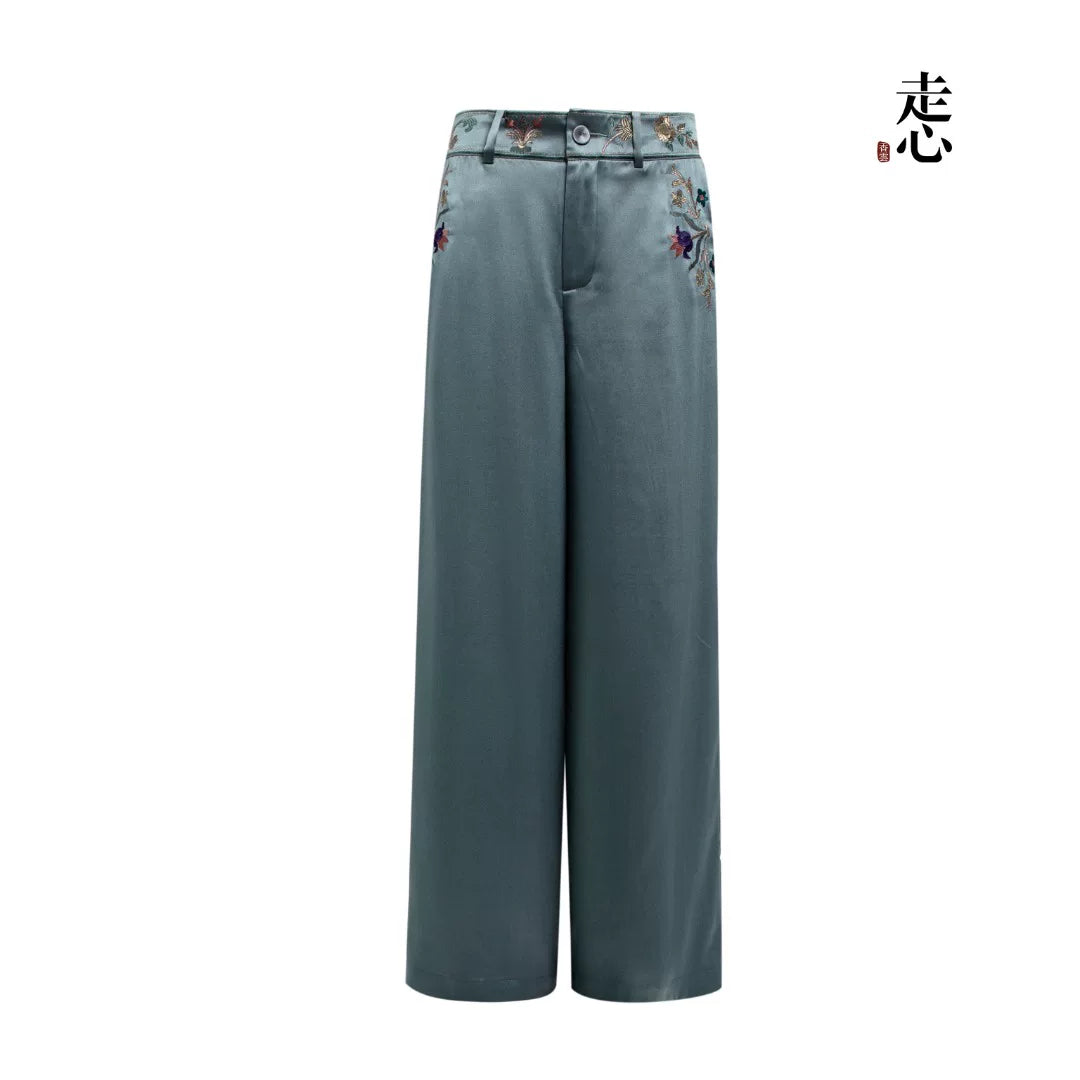 Luxury Celadon Silk Peony Wide-Leg Pants- 26ZKZ6708