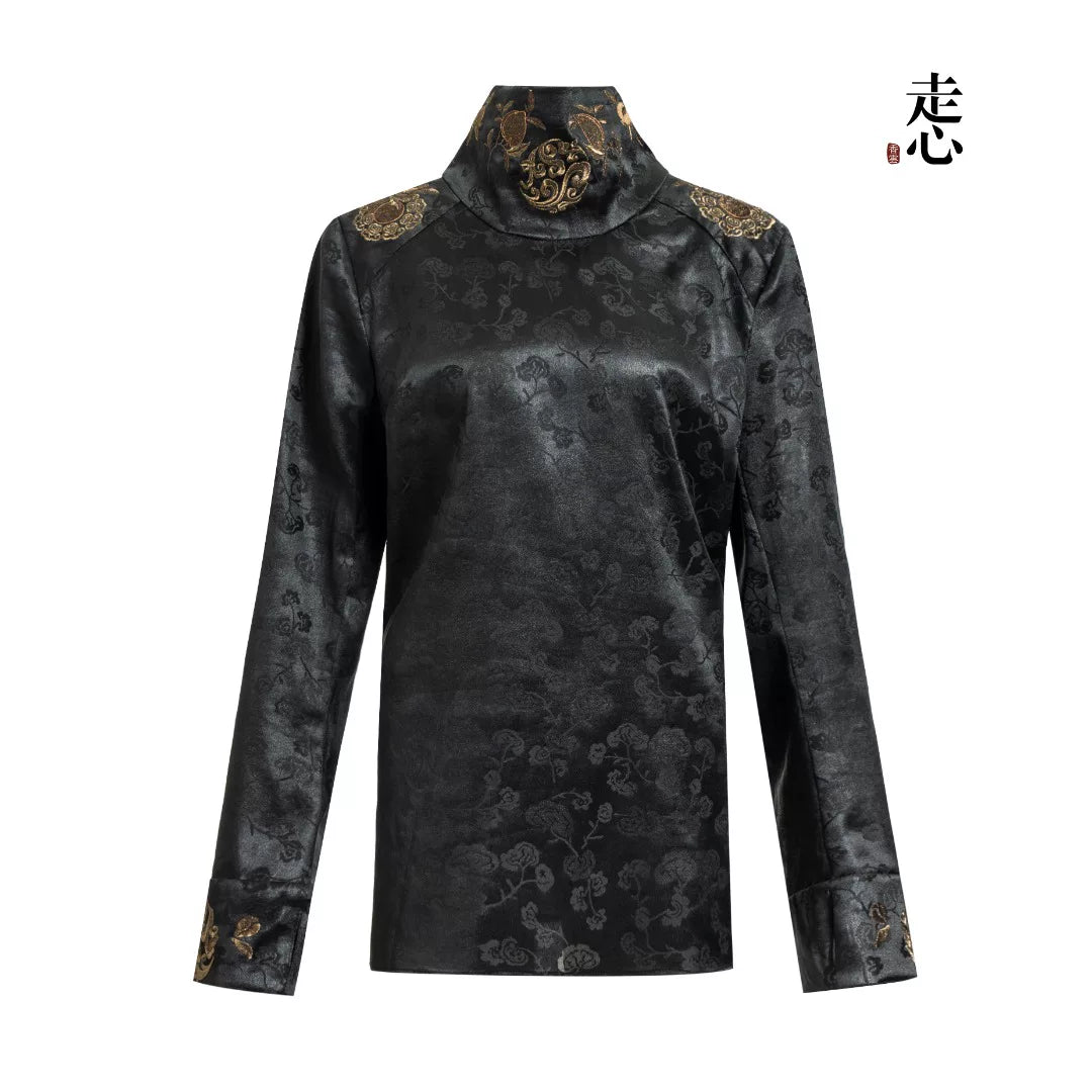 Luxury Black Gold Silk High-Neck Shirt-24Z28601