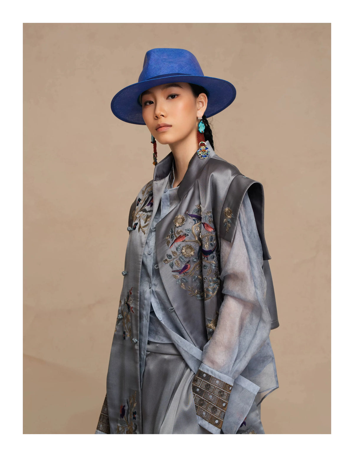 Luxury Teal Peony Silk Suiting Vest-26ZMJ6552