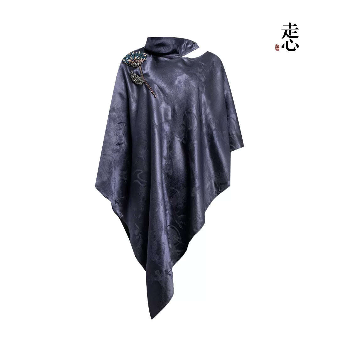 Luxury Beaded Silver Jacquard Silk Cape- 26Z2H216659