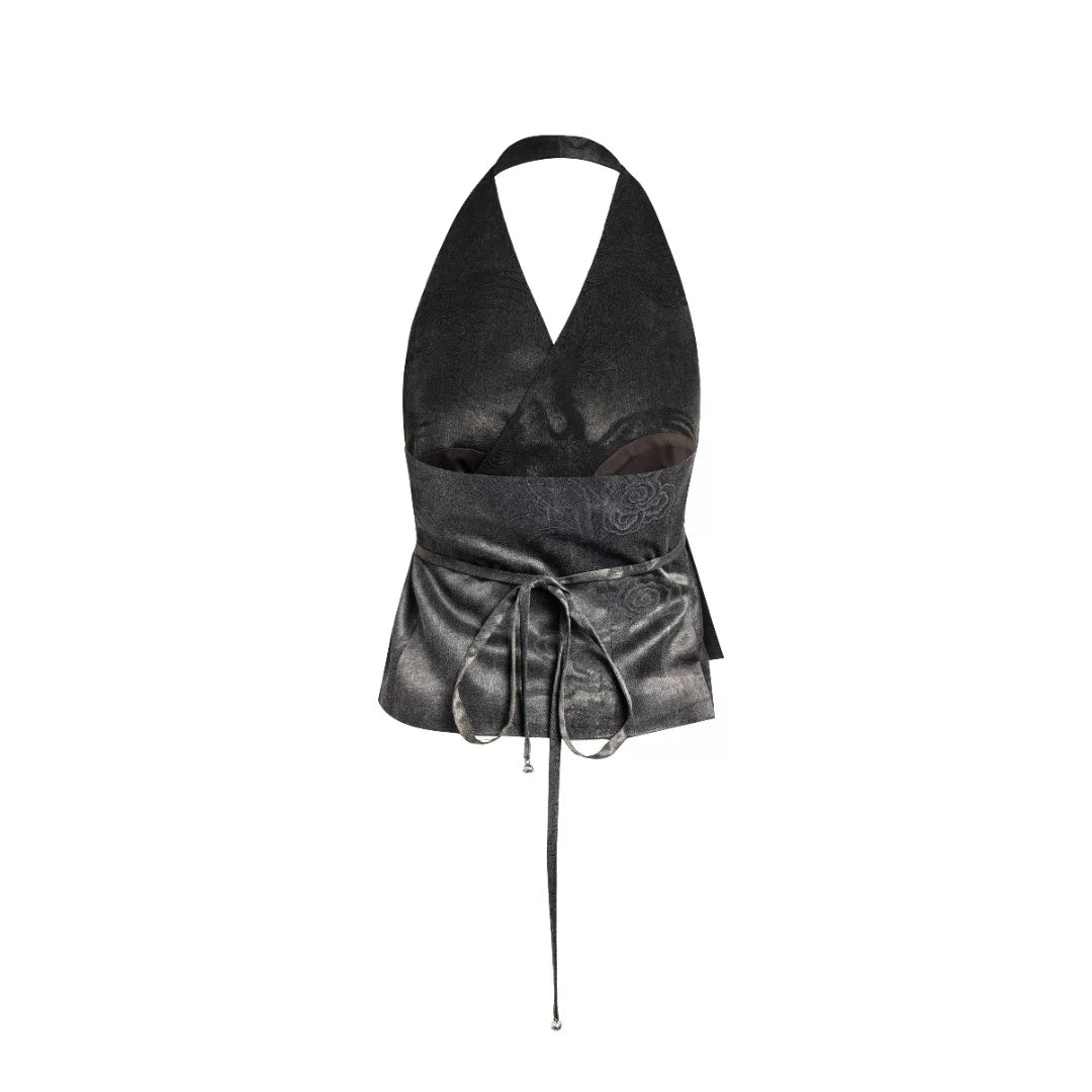 Luxury Grey Backless Silk Halter Top-24Z2292M