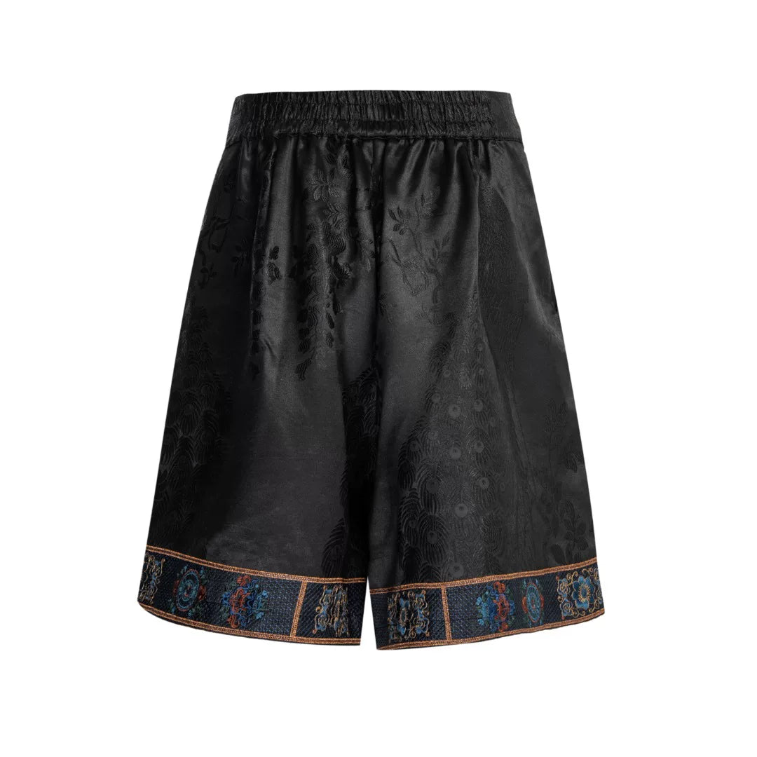 Luxury Black Phoenix Silk Tailored Shorts-26ZKZ6894