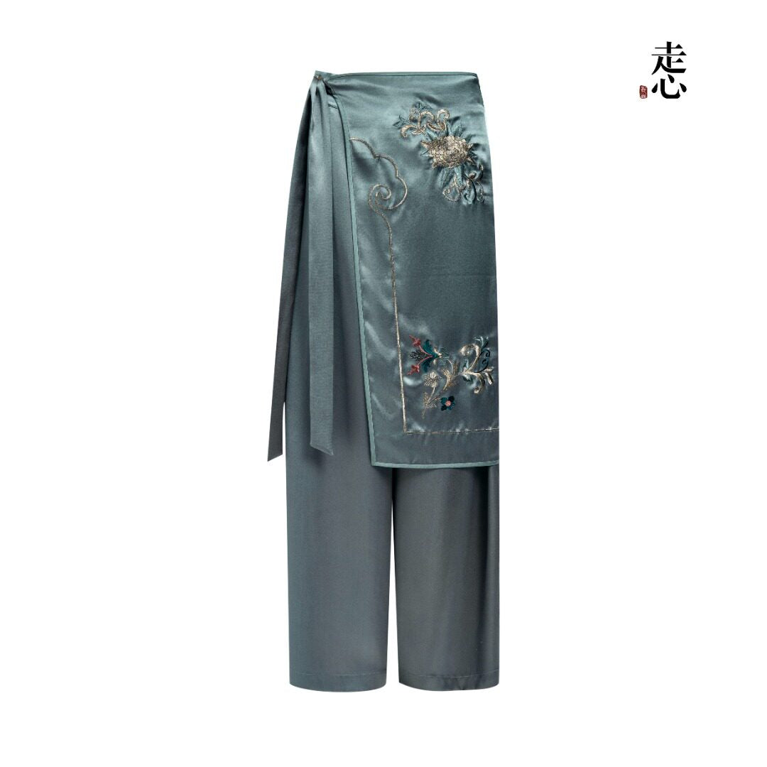 Luxury Celadon Silk Peony Layered Pants-26ZKZ6551