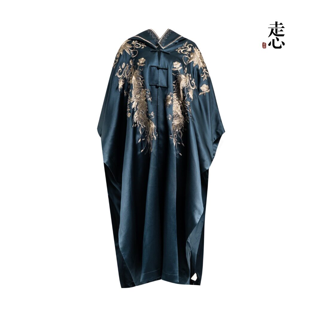Luxury Navy Silk Phoenix Embroidered Cape-26ZMJ6709