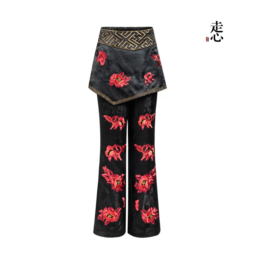 Luxury Crimson Peony Heavy Silk Skirt Pants-25ZKZ6112