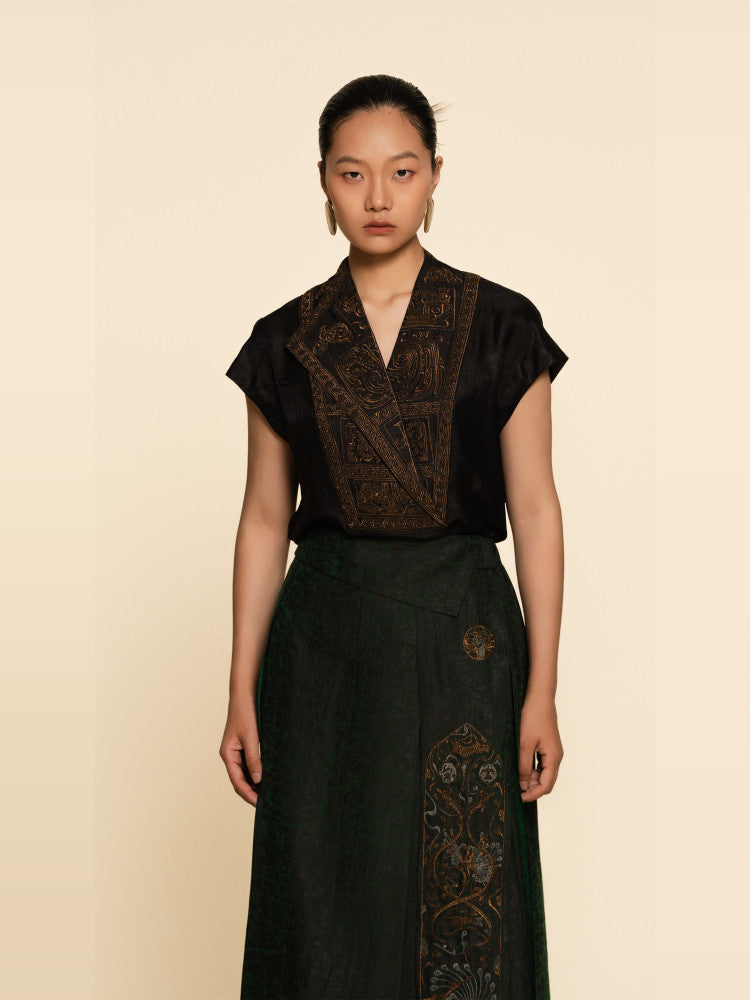 Luxury Asymmetric Embroidered Silk Top-25Y14301