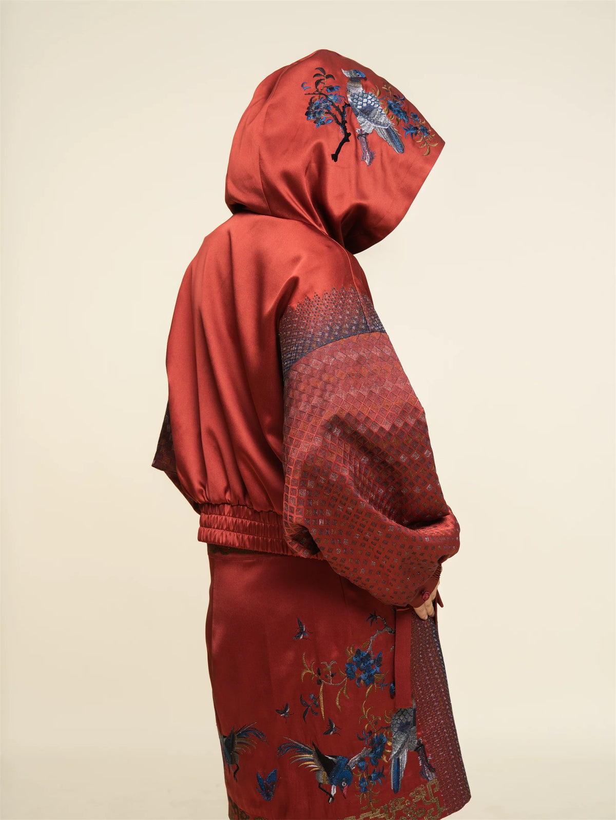 Luxury Carmine Silk Spring Garden Bomber-25ZWT5633
