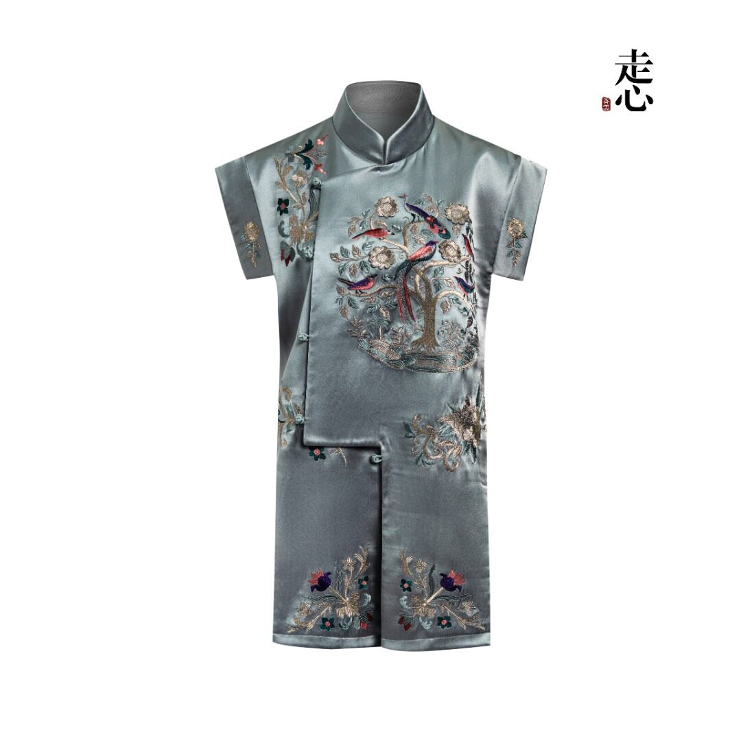 Luxury Teal Peony Silk Suiting Vest-26ZMJ6552