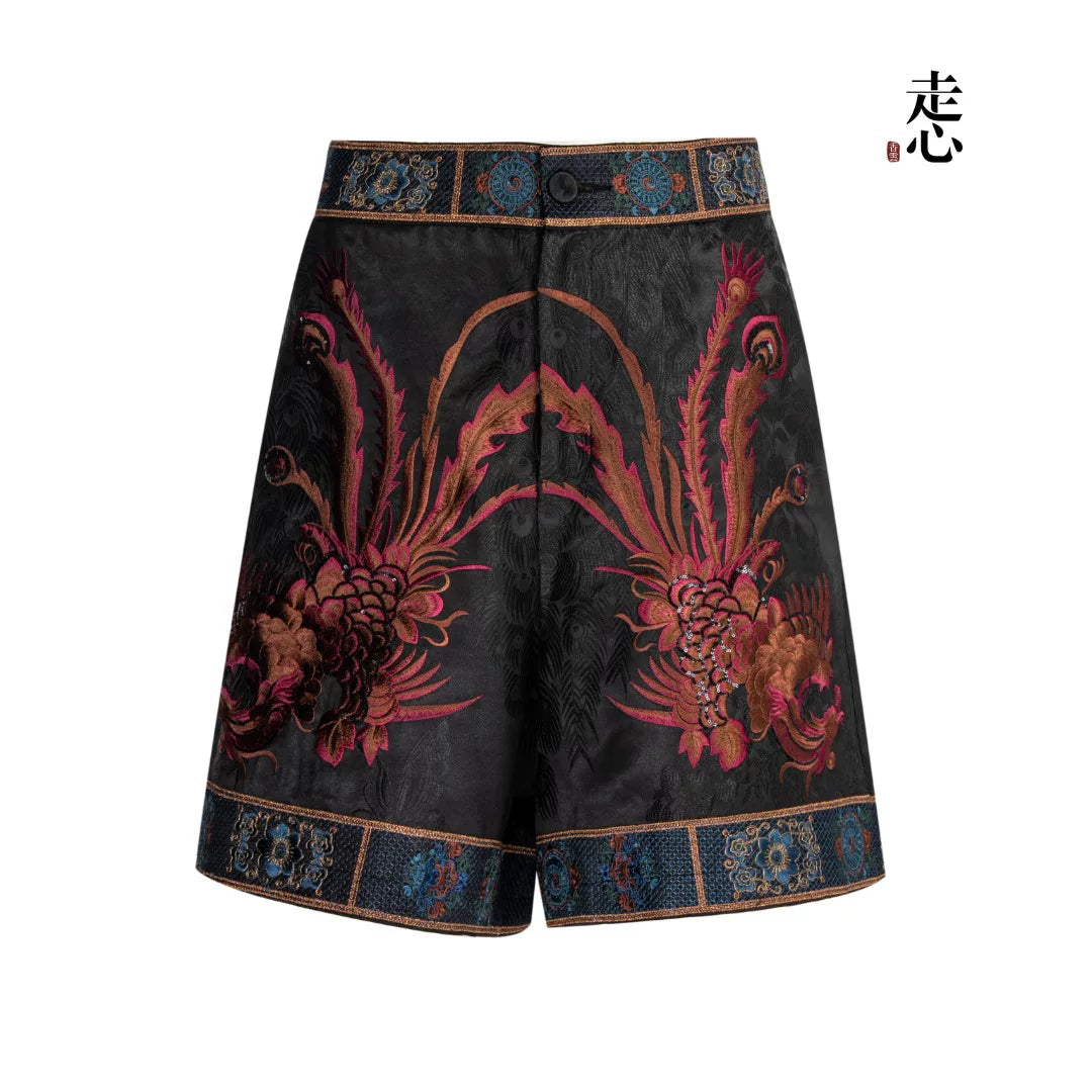 Luxury Black Phoenix Silk Tailored Shorts-26ZKZ6894