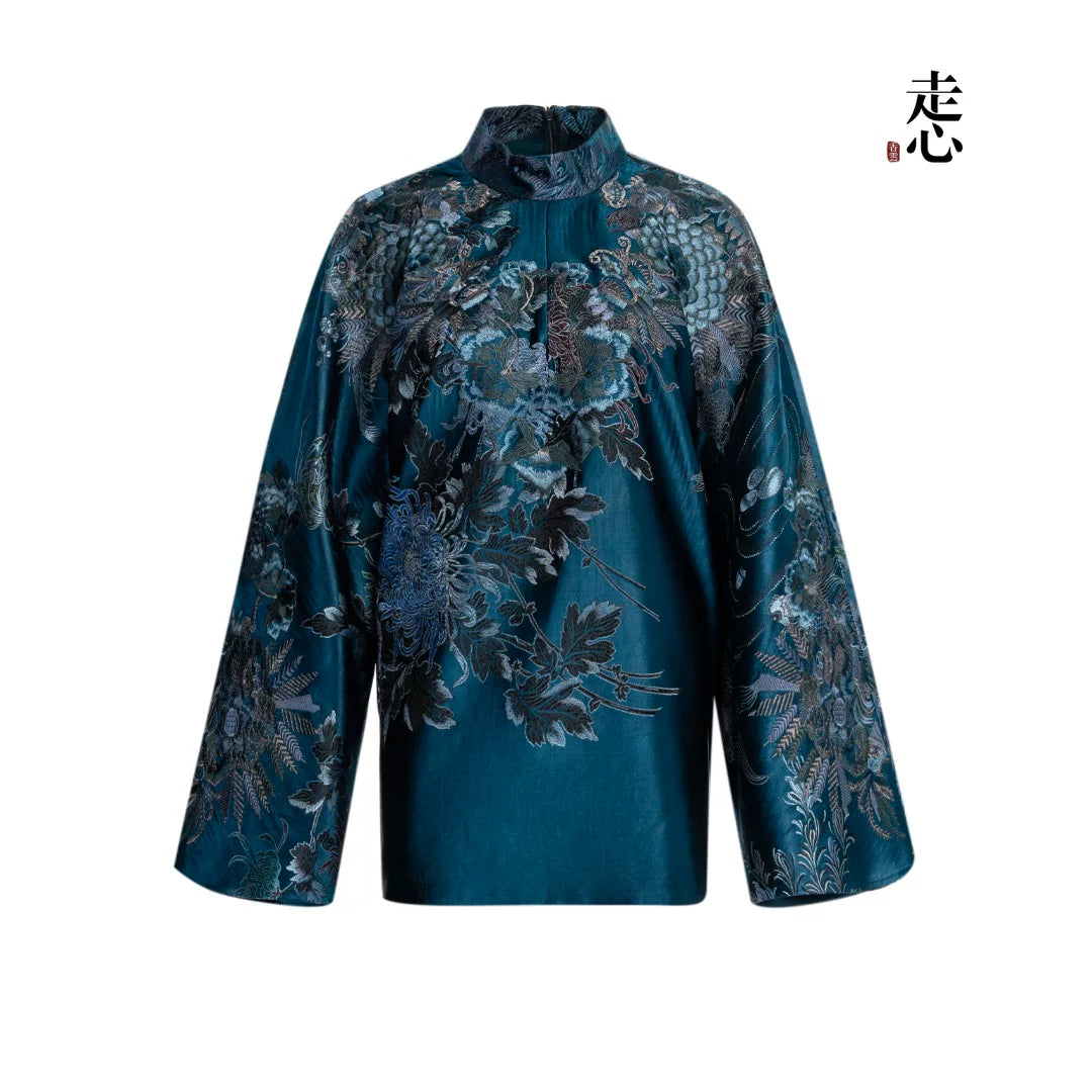 Luxury Blue Luoyue Silk Bell Sleeve Top-26Z152M