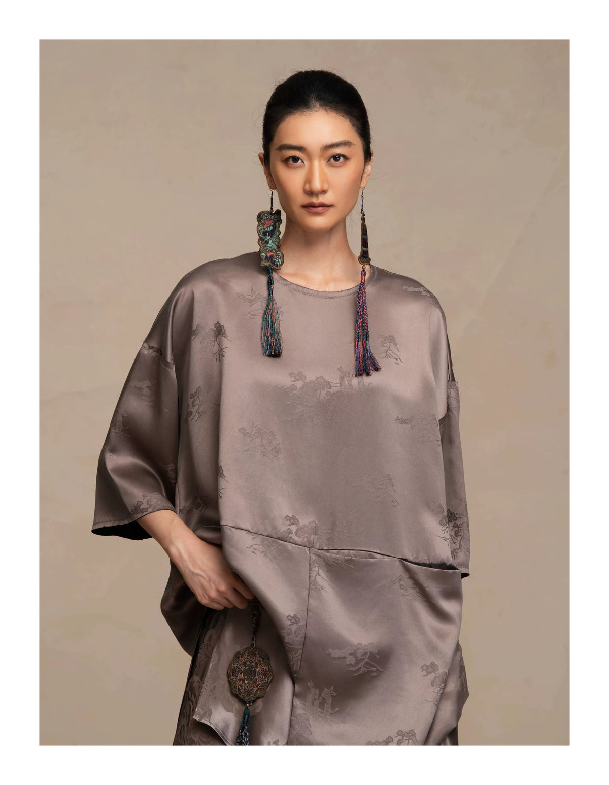 Luxury Asymmetric Drape Silk Tunic Top- 26M66117