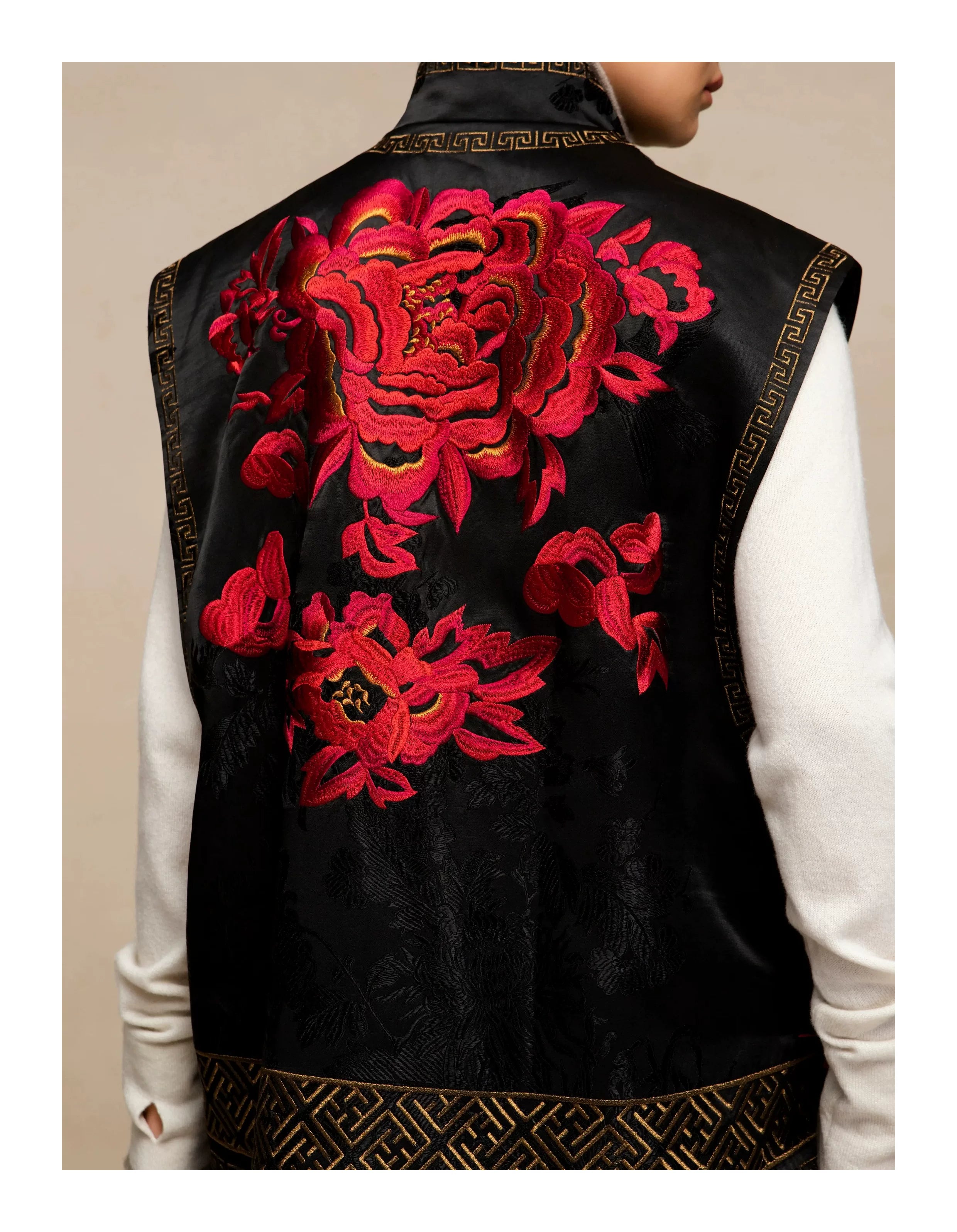 Luxury Black Silk Peony Embroidered Vest-25ZMJ6053