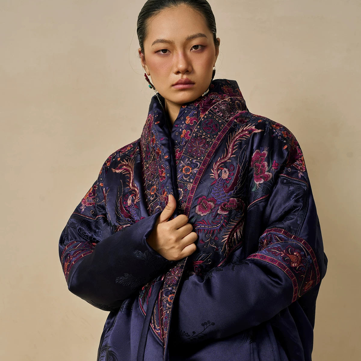 Luxury Black Phoenix Silk Down Puffer Coat-24ZX8079