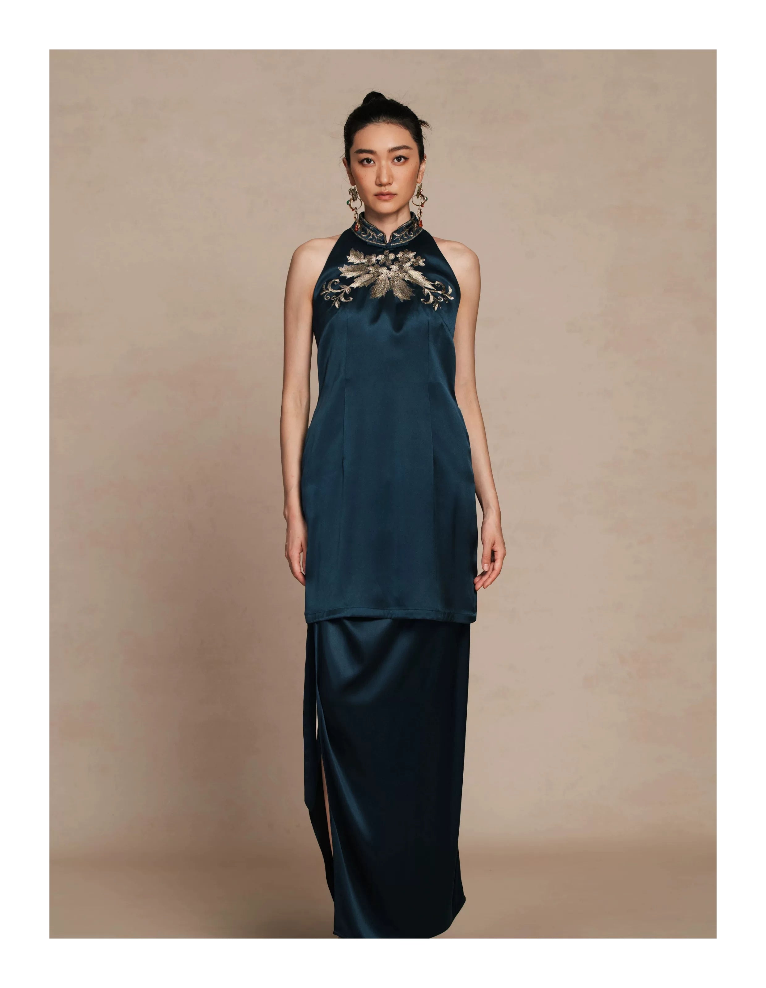Luxury Navy Silk Phoenix Halter Maxi Dress-26ZLY6713