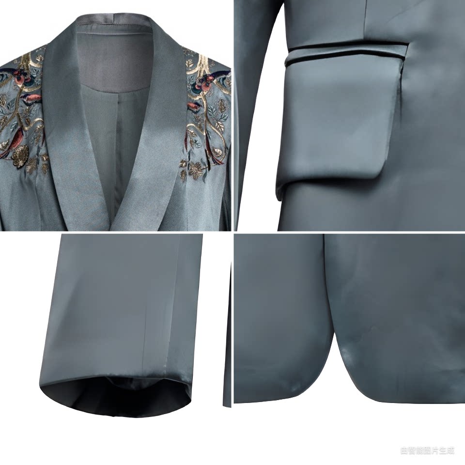 Luxury Celadon Silk Peony Tuxedo Blazer- 26ZWT6705