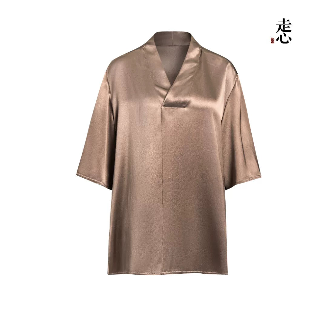 Luxury Red Gambiered Silk V-Neck Top-26Z2Y116189