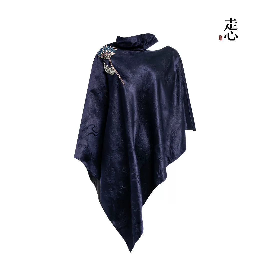 Luxury Beaded Silver Jacquard Silk Cape- 26Z2H216659