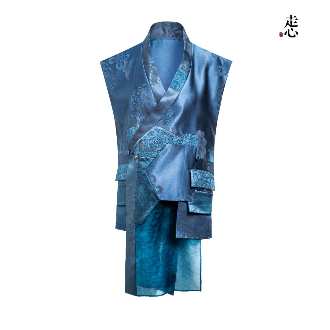 Luxury Asymmetric Silk Wrap Slate Teal Vest - 26Z00701