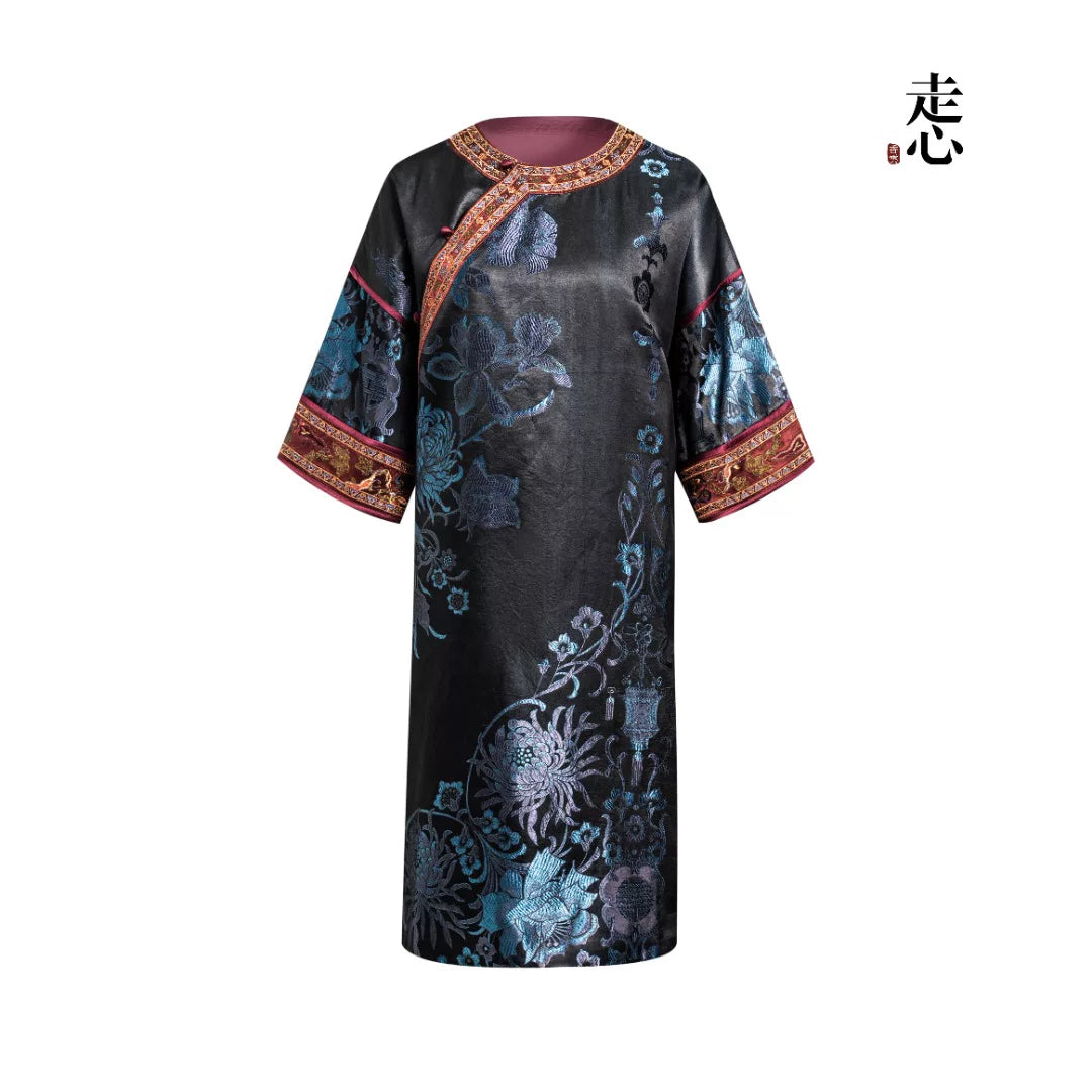 Luxury Midnight Indigo Silk Cheongsam Dress-26Z070M