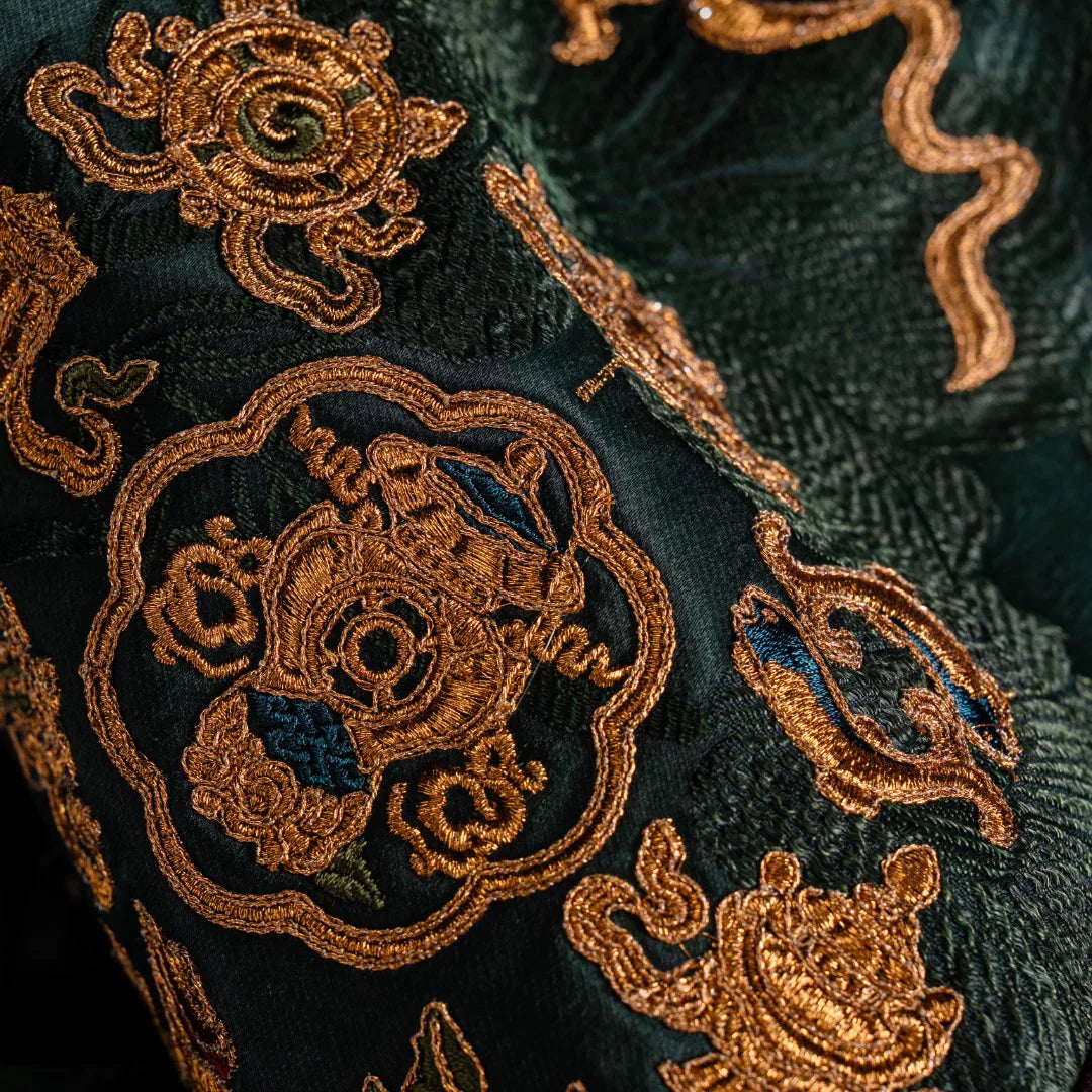 Luxury Teal Song Brocade Shearling Long Vest-26ZWT6931