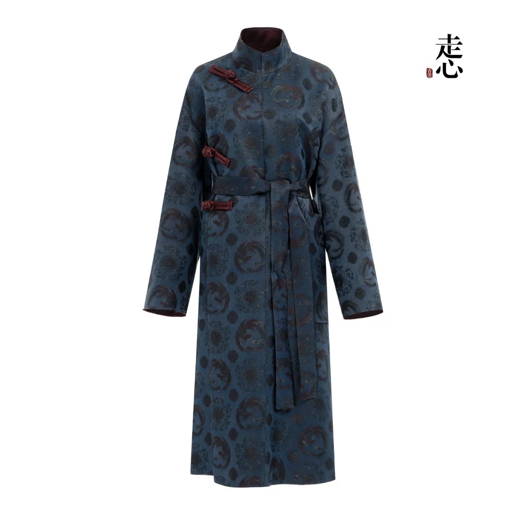 Luxury Blue Song Brocade Trench Wrap Coat-26Z2Y318409