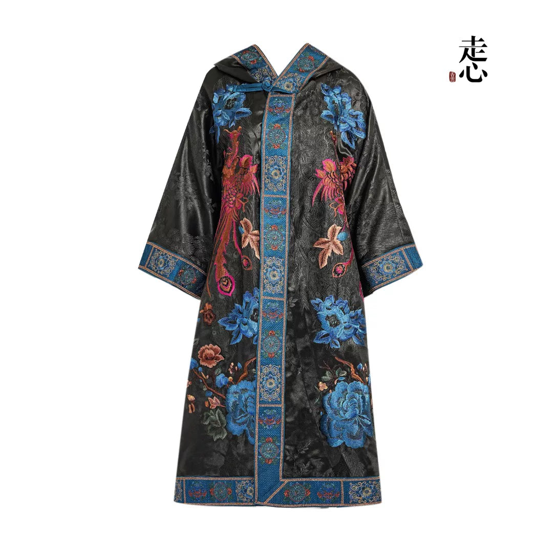 Luxury Black Phoenix Silk Cape Coat-26ZWT6896