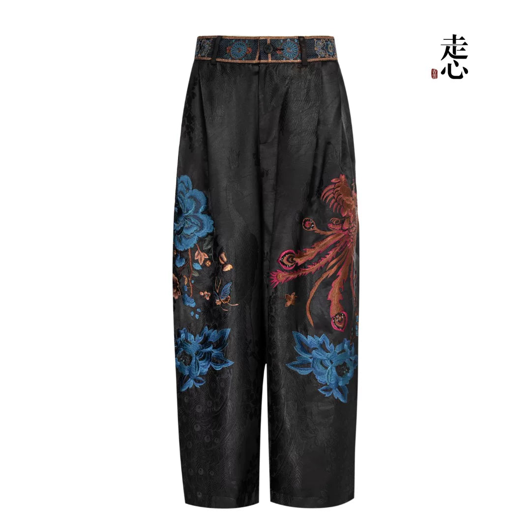 Luxury Black Phoenix Silk Palazzo Pants-26ZKZ6941