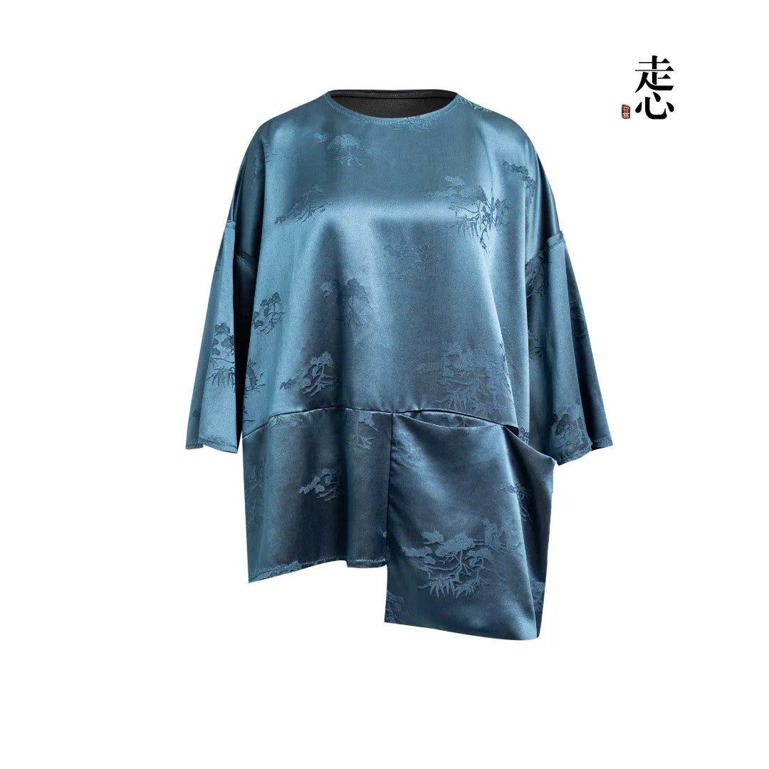 Luxury Asymmetric Drape Silk Tunic Top- 26M66117