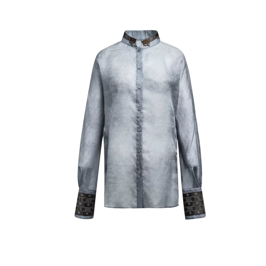 Luxury Green Silk Organza Mandarin Shirt-25ZY51360051