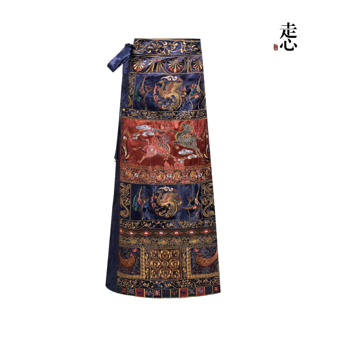 Luxury Navy Pegasus Heavy Silk Maxi Skirt-25ZX9283