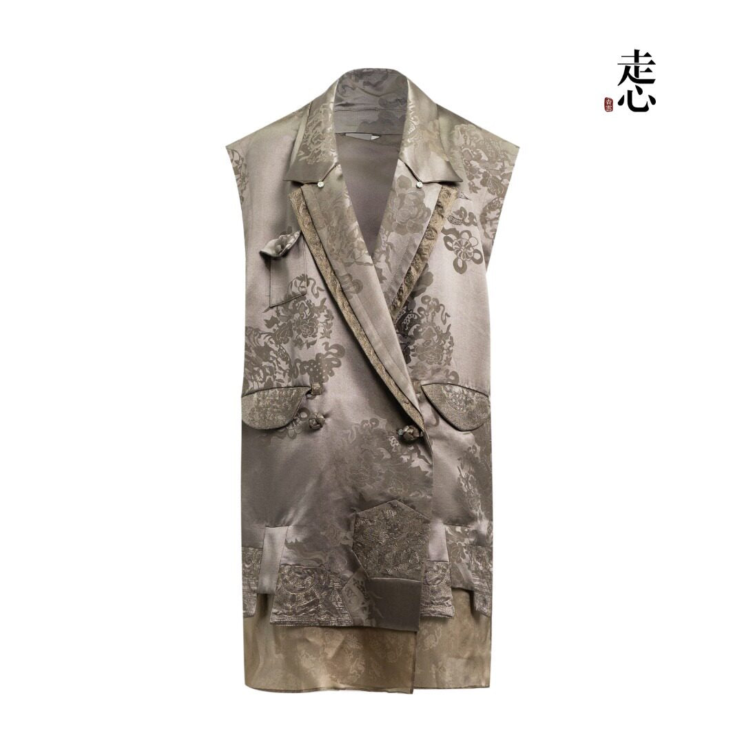 Luxury Asymmetric Silk Wrap Slate Teal Vest - 26Z00701