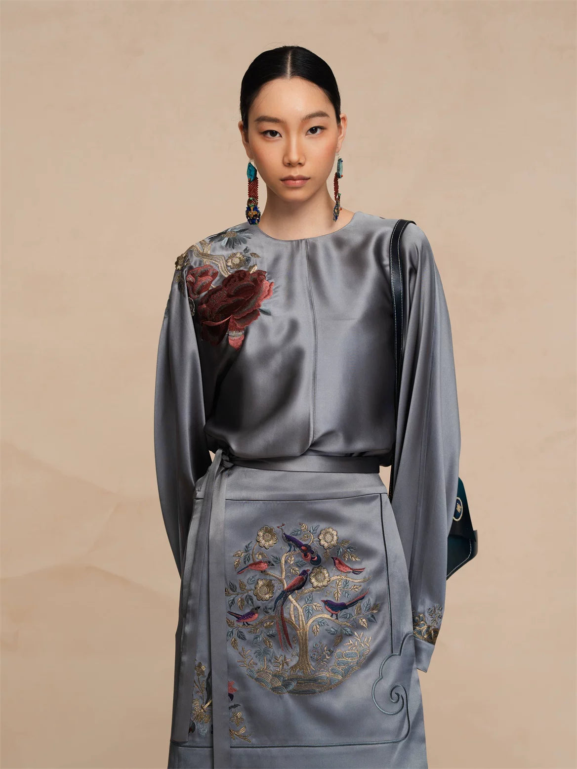 Luxury Celadon Silk Peony Pullover Blouse-26ZCS6569
