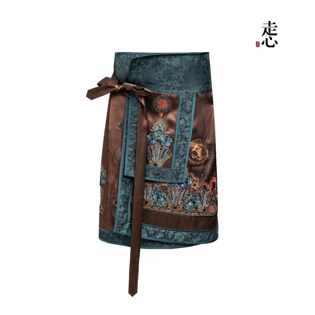 Luxury Teal Song Brocade Phoenix Wrap Skirt-25ZDQ5827