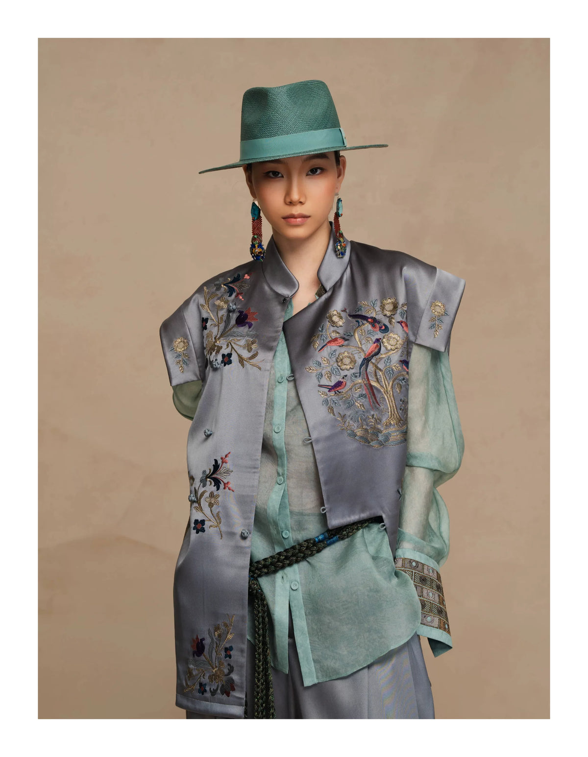 Luxury Teal Peony Silk Suiting Vest-26ZMJ6552