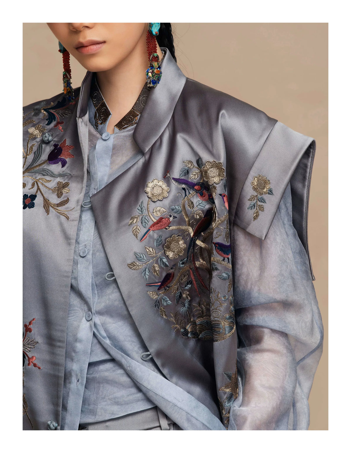Luxury Teal Peony Silk Suiting Vest-26ZMJ6552
