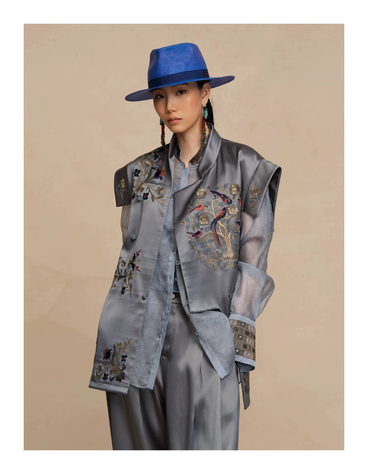 Luxury Teal Peony Silk Suiting Vest-26ZMJ6552