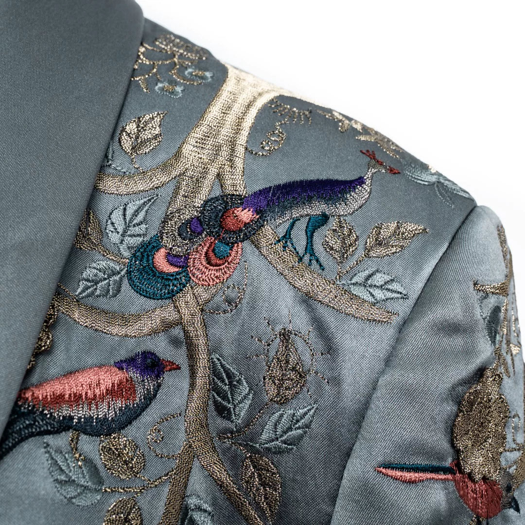 Luxury Celadon Silk Peony Tuxedo Blazer- 26ZWT6705