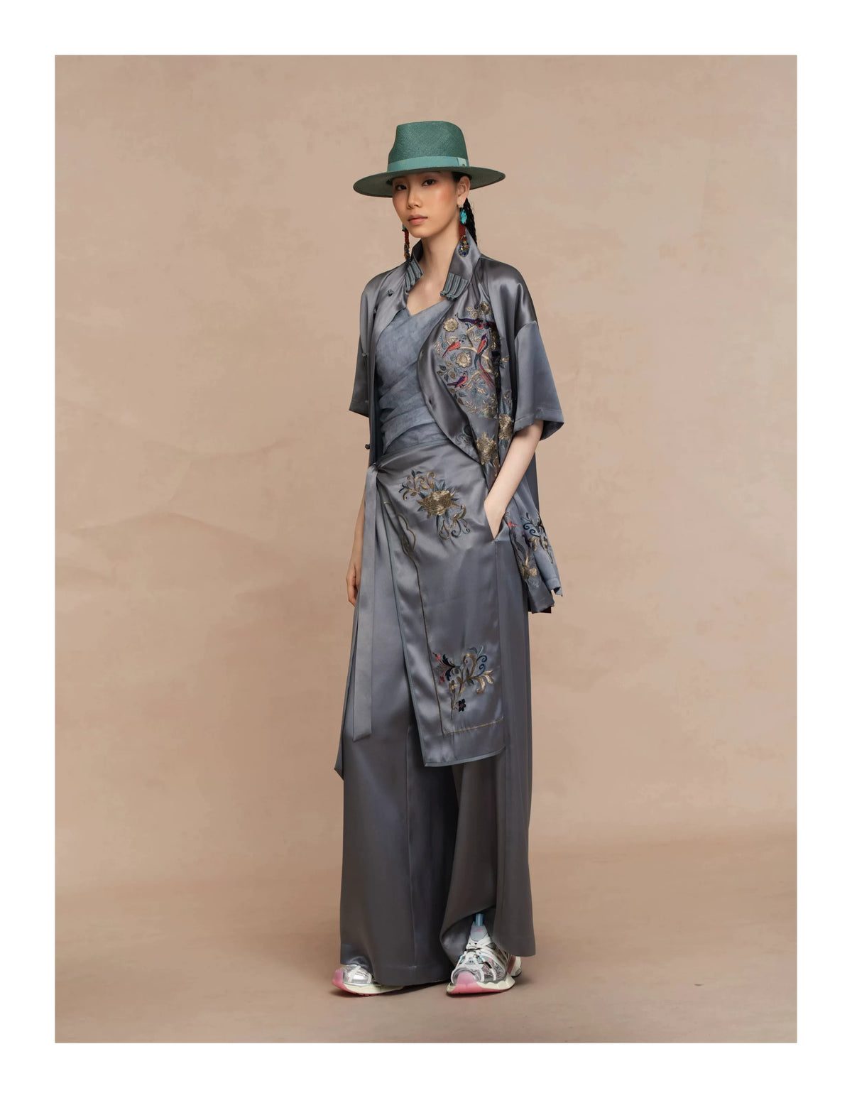 Luxury Celadon Silk Peony Layered Pants-26ZKZ6551
